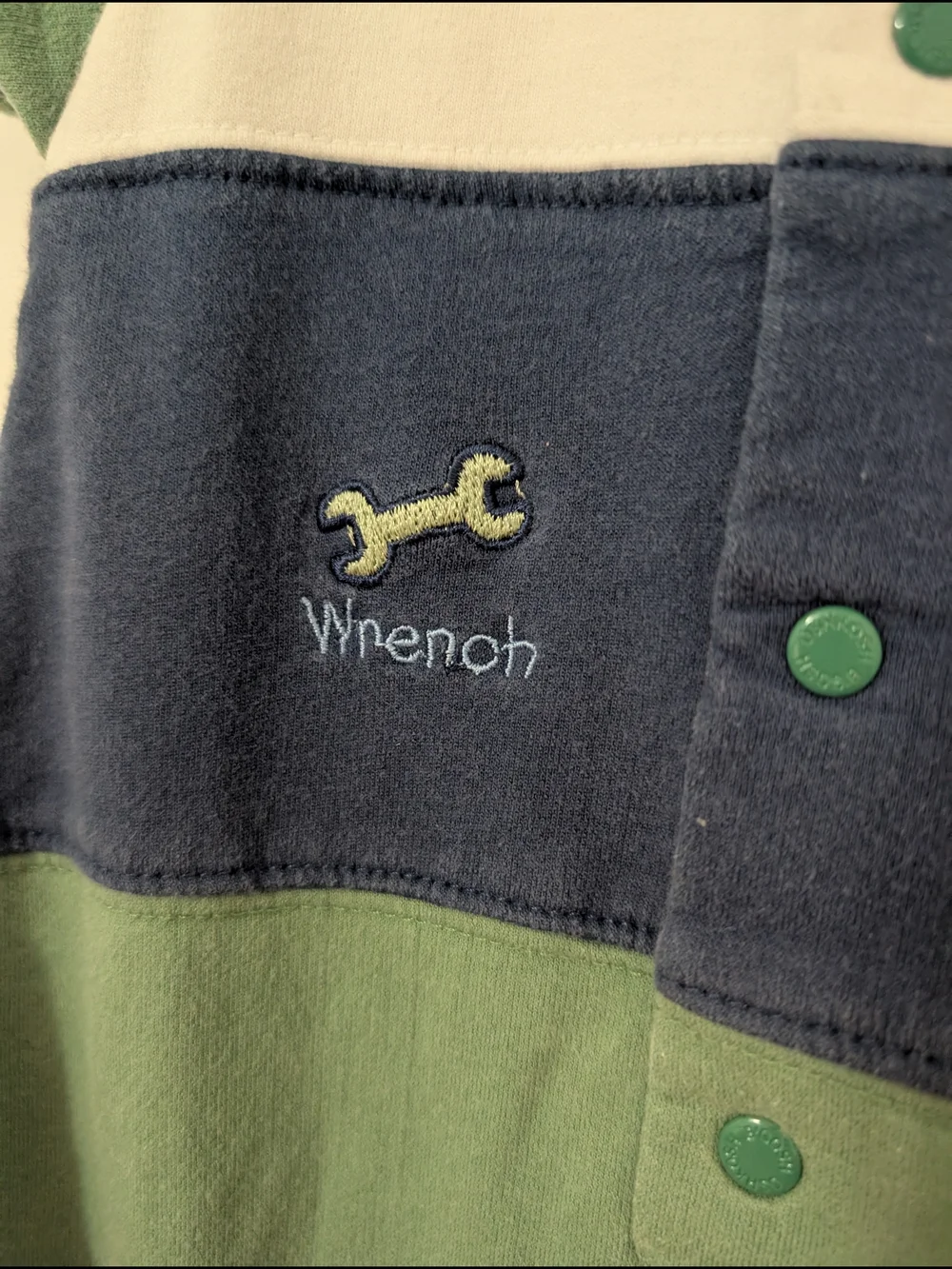 Y2K Vintage OshKosh B'gosh Green, Navy & White Embroidery Tool Themed Romper